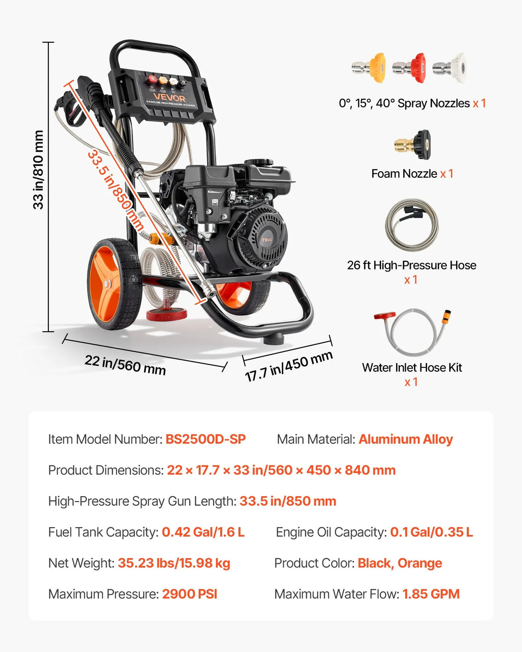 Vevor Gas Pressure Washer 2900 PSI 1.85 GPM with Spray Gun 4 Nozzle Set New