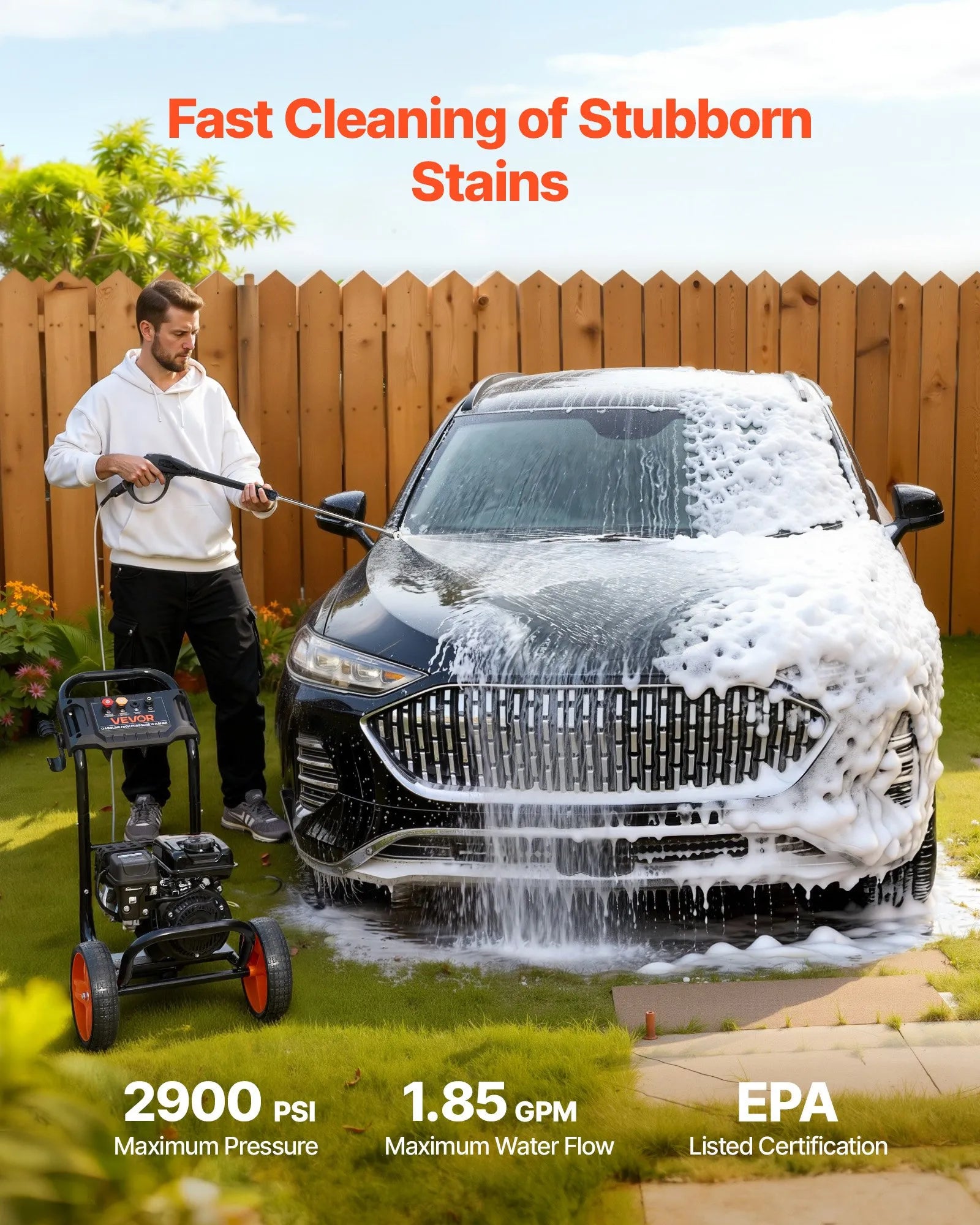 Vevor Gas Pressure Washer 2900 PSI 1.85 GPM with Spray Gun 4 Nozzle Set 10" Wheels New