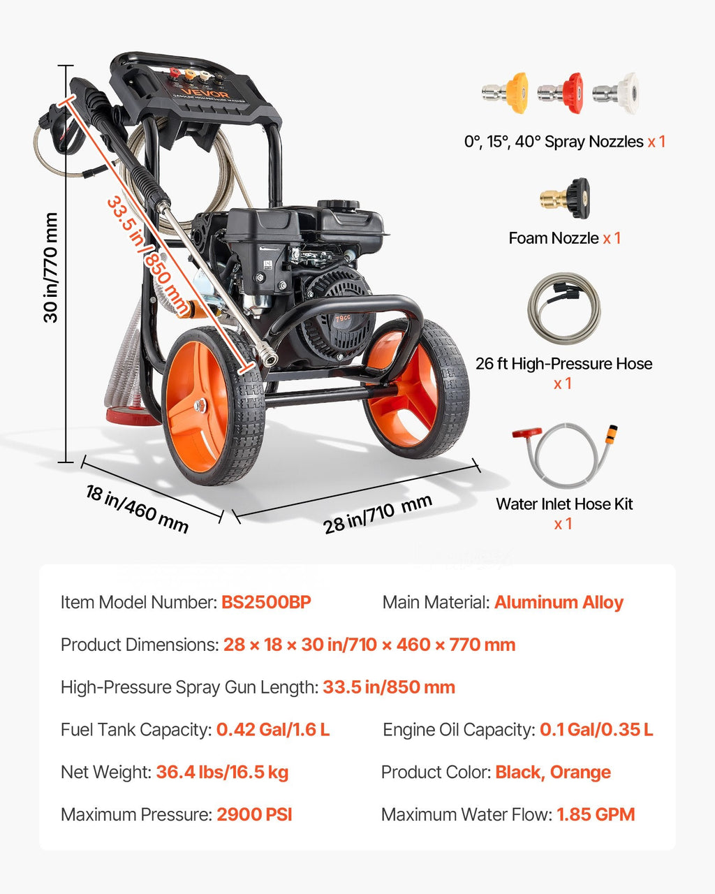 Vevor Gas Pressure Washer 2900 PSI 1.85 GPM with Spray Gun 4 Nozzle Set 10" Wheels New