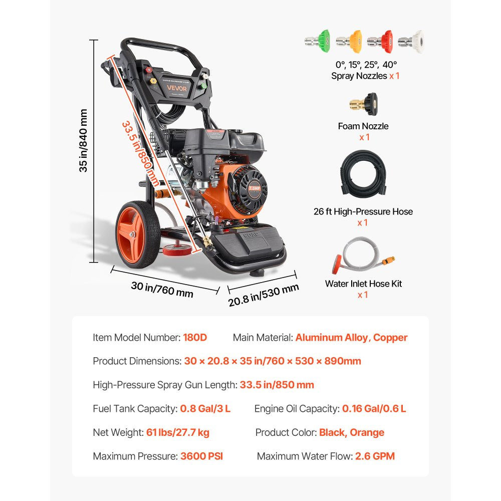 Vevor Gas Pressure Washer 3600 PSI 2.6 GPM Copper Pump with Spray Gun 5 Nozzle Set New