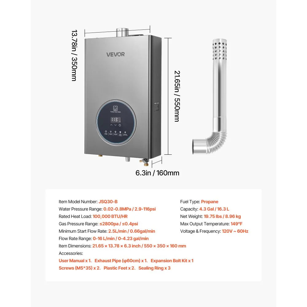 Vevor Tankless Water Heater 4.3 GPM 100,000 BTU Propane Smart Temp Control Indoor New
