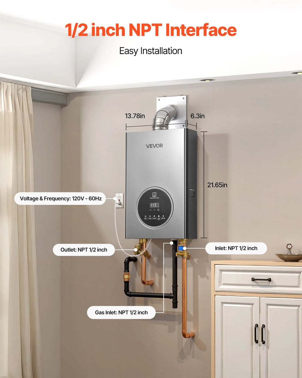 Vevor Tankless Water Heater 4.3 GPM 100,000 BTU Natural Gas Smart Temp Control Indoor New