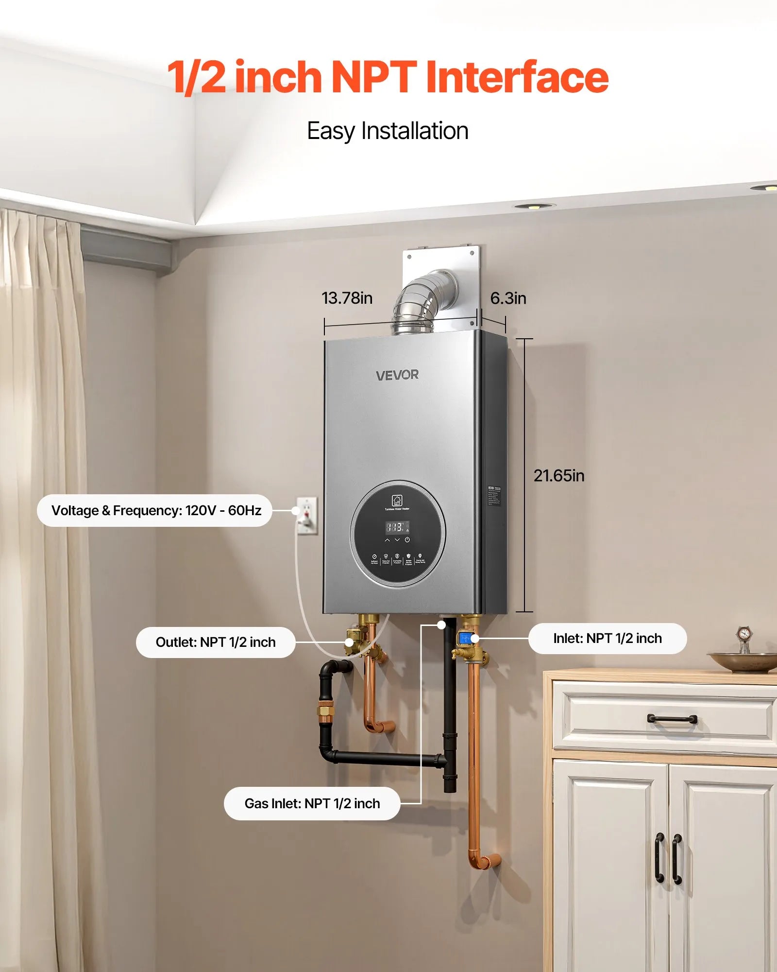 Vevor Tankless Water Heater 4.3 GPM 100,000 BTU Natural Gas Smart Temp Control Indoor New