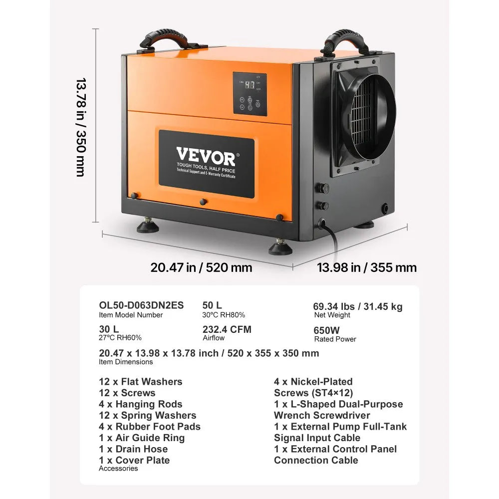 Vevor Commercial Dehumidifier 1300 Sq. Ft. 125 Pints Auto Defrost with Drain Hose New