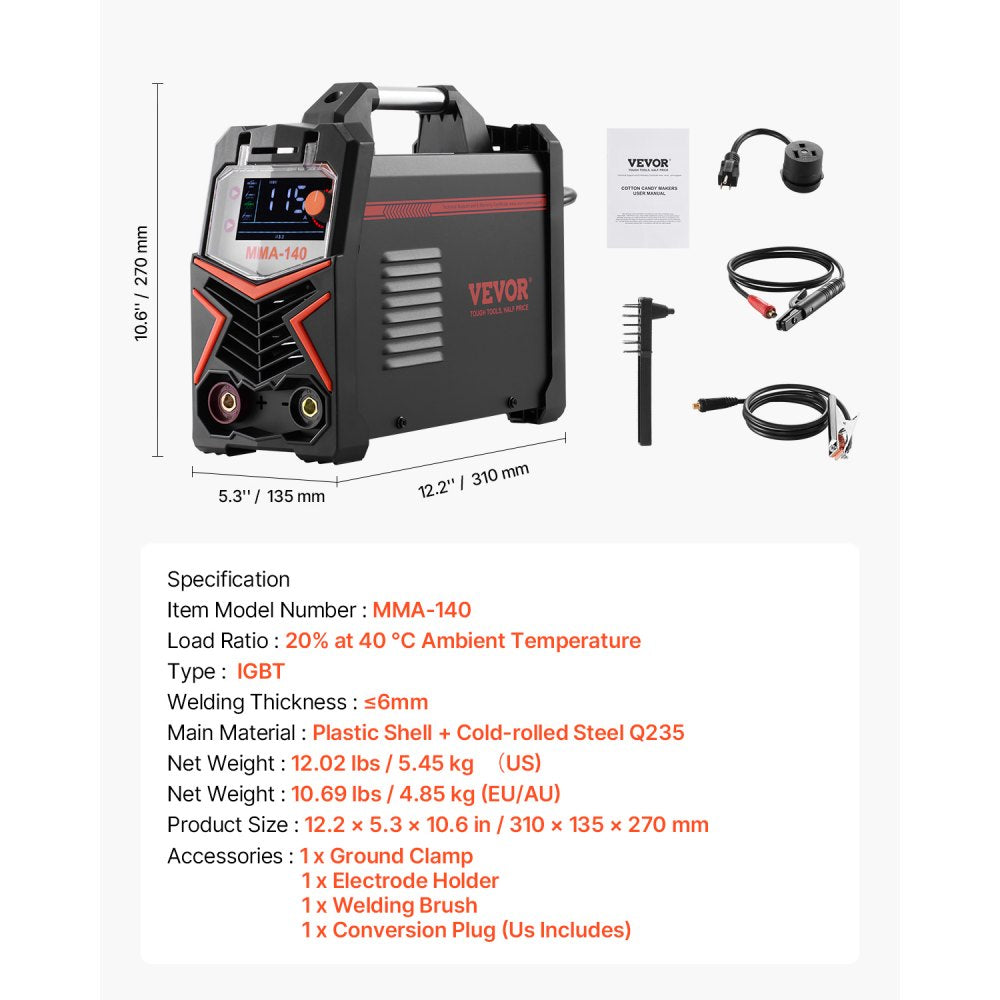 Vevor Welder 140A 4-in-1 Dual Voltage MMA Stick DC Pulse TIG Lift TIG LED Display New