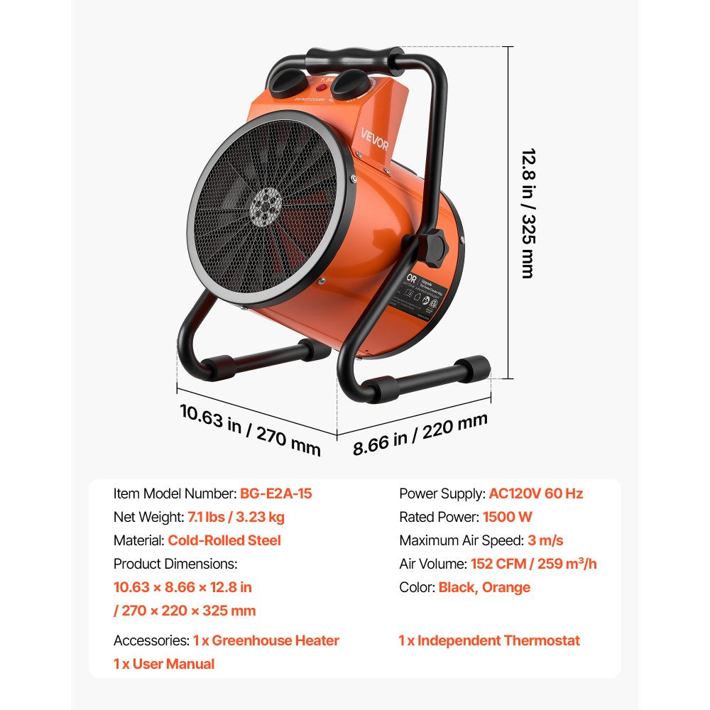 Vevor Greenhouse Heater 1500W Electric Space Heater with Thermostat New