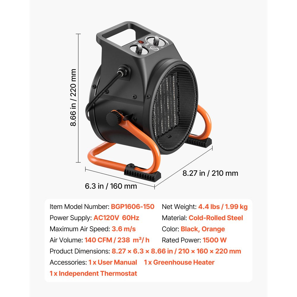 Vevor Greenhouse Heater 1500W Electric PTC Space Heater with Thermostat Fan New