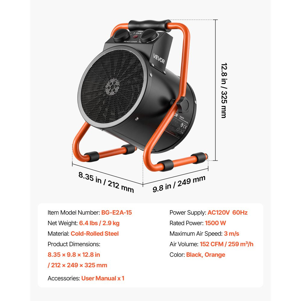 Vevor Greenhouse Heater 1500W Electric Space Heater with Fan New
