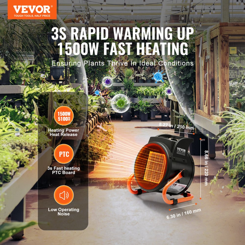 Vevor Greenhouse Heater Portable Electric Heater Fan with Thermostat 1500W New