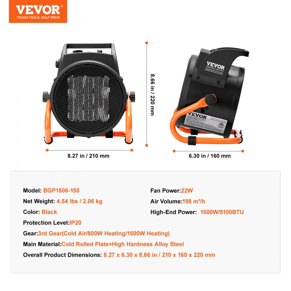 Vevor Greenhouse Heater Portable Electric Heater Fan with Thermostat 1500W New