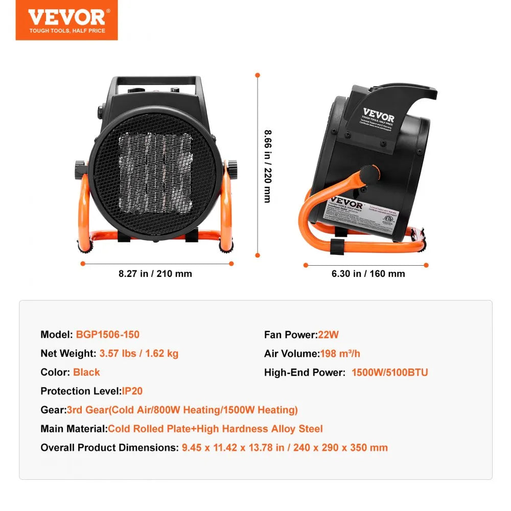 Vevor Greenhouse Heater 1500W Portable PTC Electric Fan New