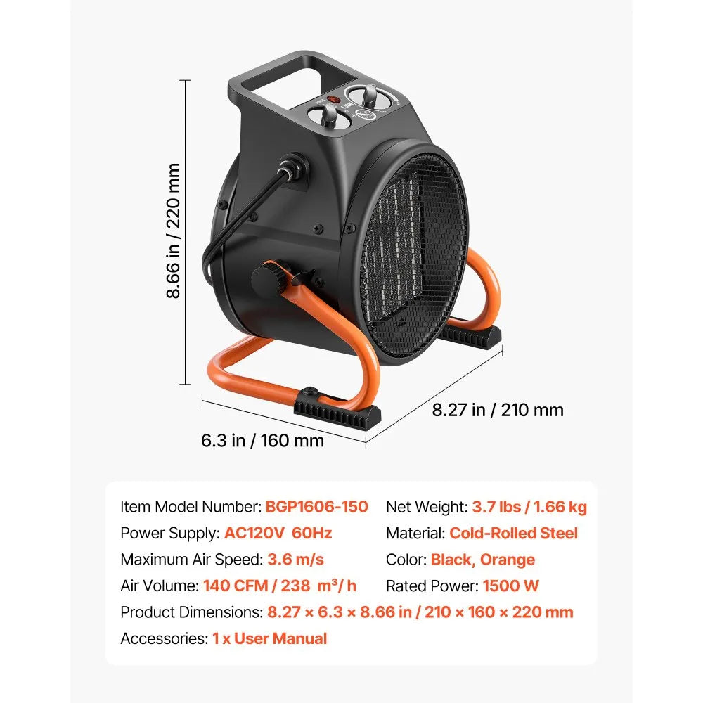 Vevor Greenhouse Heater 1500W Electric PTC Space Heater with Fan New