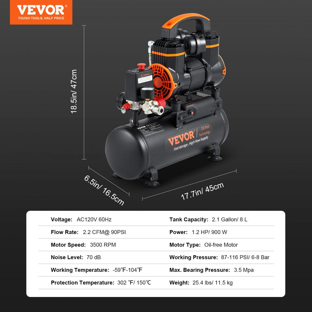 Vevor Air Compressor 2.1 Gallon 116 PSI Ultra Quiet Oil-Free Portable New