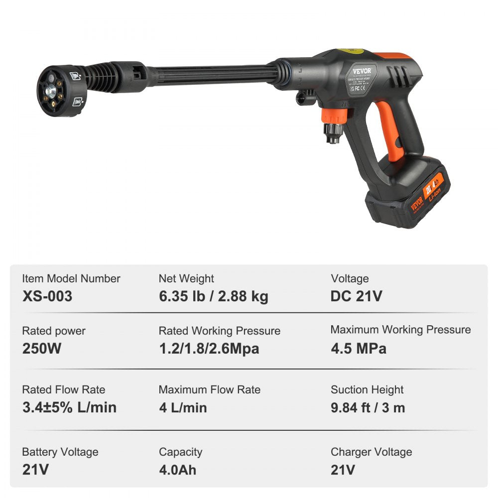 Vevor Pressure Washer Cordless Portable Power Cleaner with 4.0Ah Battery and 6-in-1 Nozzle New