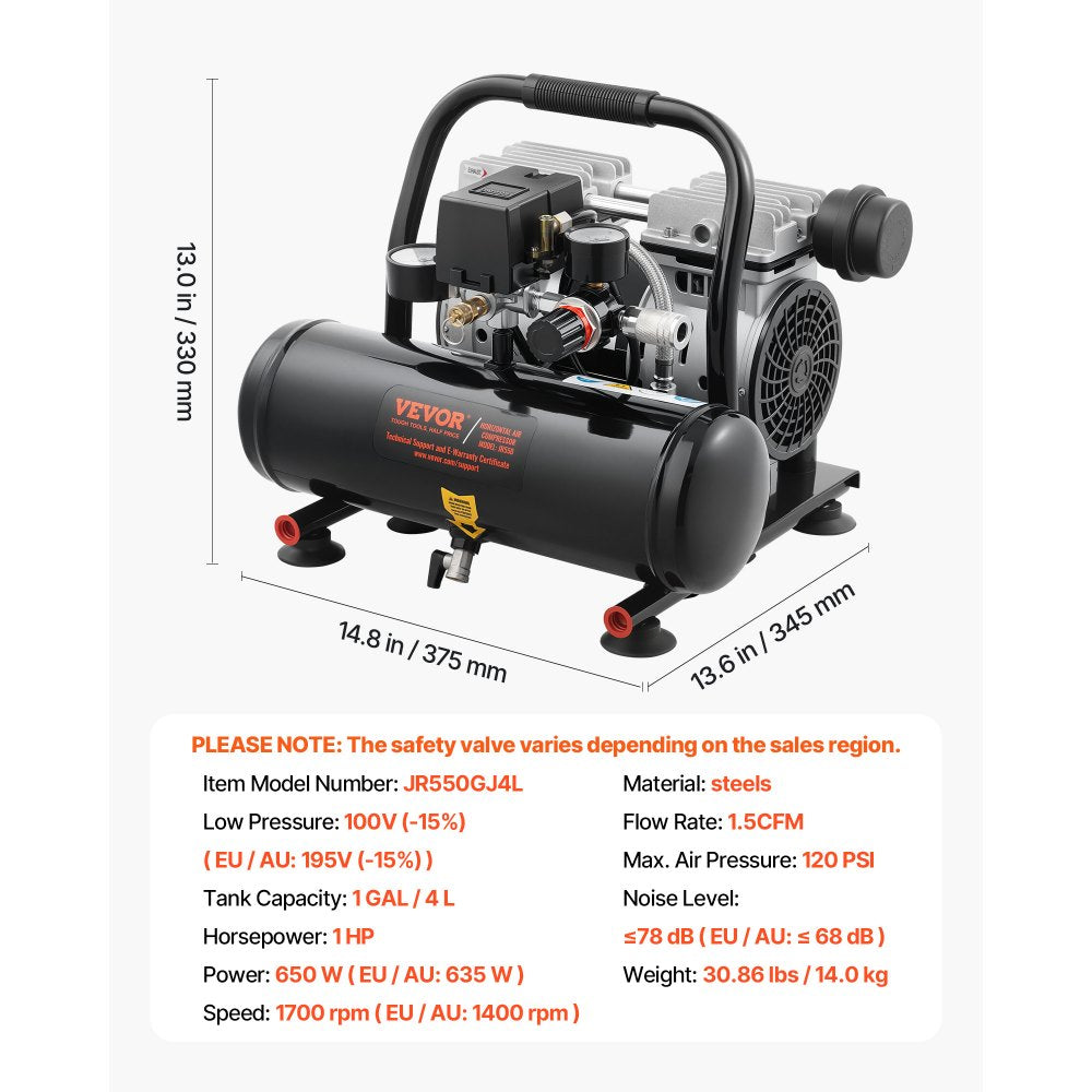 Vevor Air Compressor 1 Gallon 1 HP Oil-Free Portable 120 PSI New