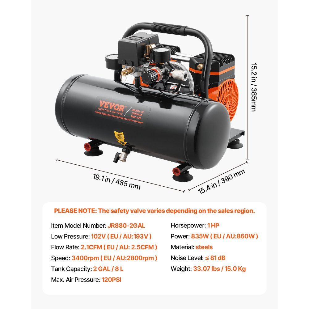 Vevor Air Compressor 2 Gallon 120 PSI Oil-Free Portable Horizontal New