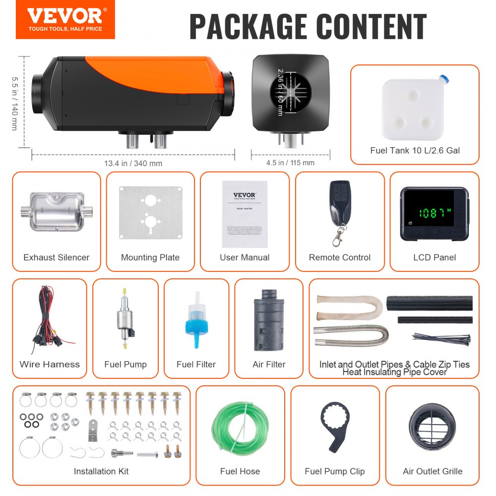 Vevor Diesel Heater 12V 2KW Portable Air Heater with Remote Control and LCD Display New