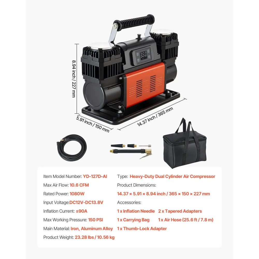 Vevor Air Compressor Dual-Cylinder Heavy-Duty Portable Tire Inflator 12V 150 PSI New