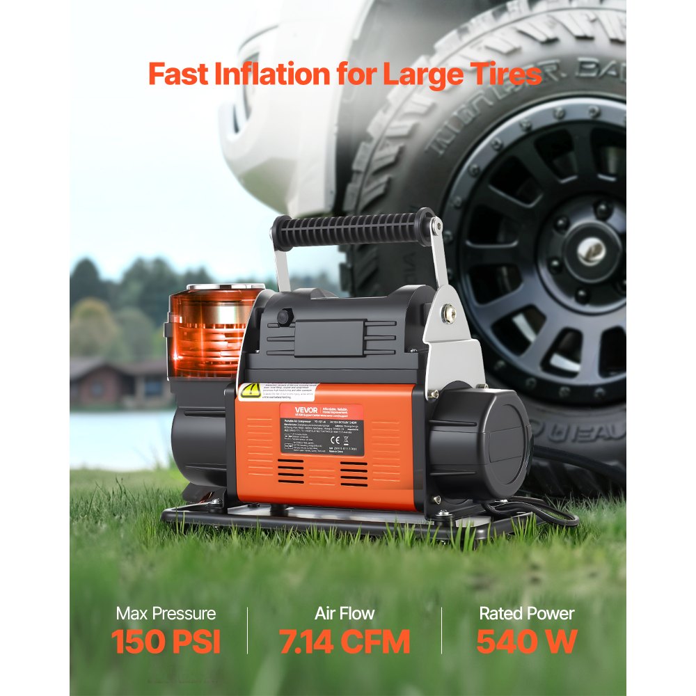 Vevor Heavy-Duty Air Compressor 12V Portable Tire Inflator with LCD Display 7.14 CFM 150 PSI New
