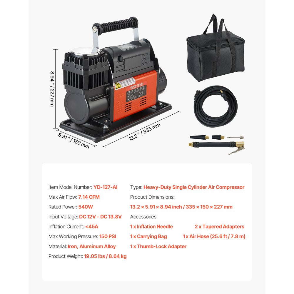 Vevor Heavy-Duty Air Compressor 12V Portable Tire Inflator with LCD Display 7.14 CFM 150 PSI New