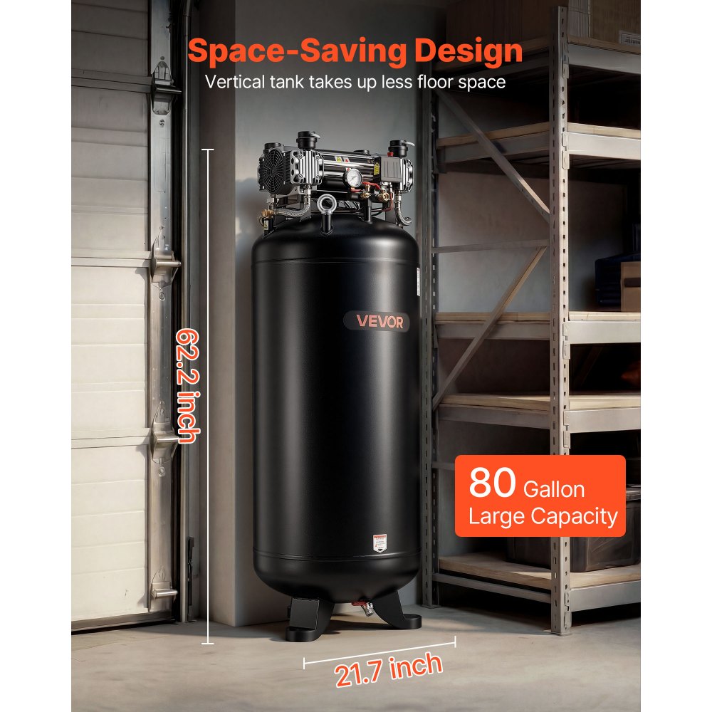 Vevor Air Compressor 80 Gallon 5 HP 13.5 SCFM 145 PSI Oil-Free Vertical 230V 3-Phase New