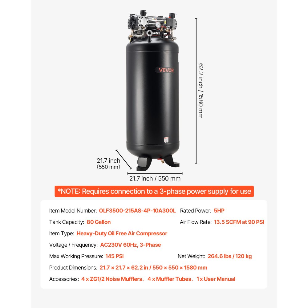 Vevor Air Compressor 80 Gallon 5 HP 13.5 SCFM 145 PSI Oil-Free Vertical 230V 3-Phase New