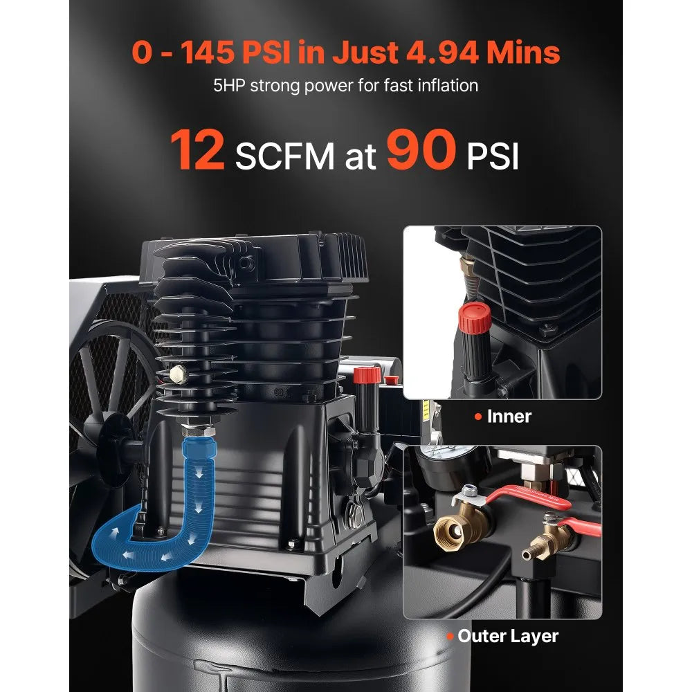 Vevor Heavy-Duty Oil-Lubricated Air Compressor 60 Gallon 5 HP 12 SCFM 145 PSI Vertical Tank New
