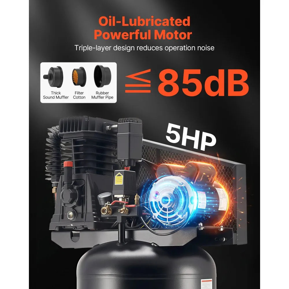 Vevor Heavy-Duty Oil-Lubricated Air Compressor 60 Gallon 5 HP 12 SCFM 145 PSI Vertical Tank New