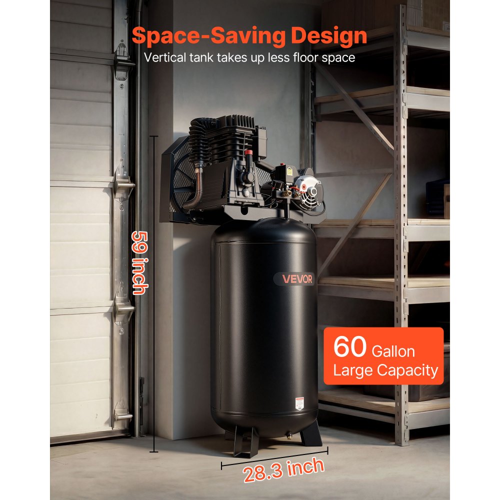 Vevor Heavy-Duty Oil-Lubricated Air Compressor 60 Gallon 5 HP 12 SCFM 145 PSI Vertical Tank New