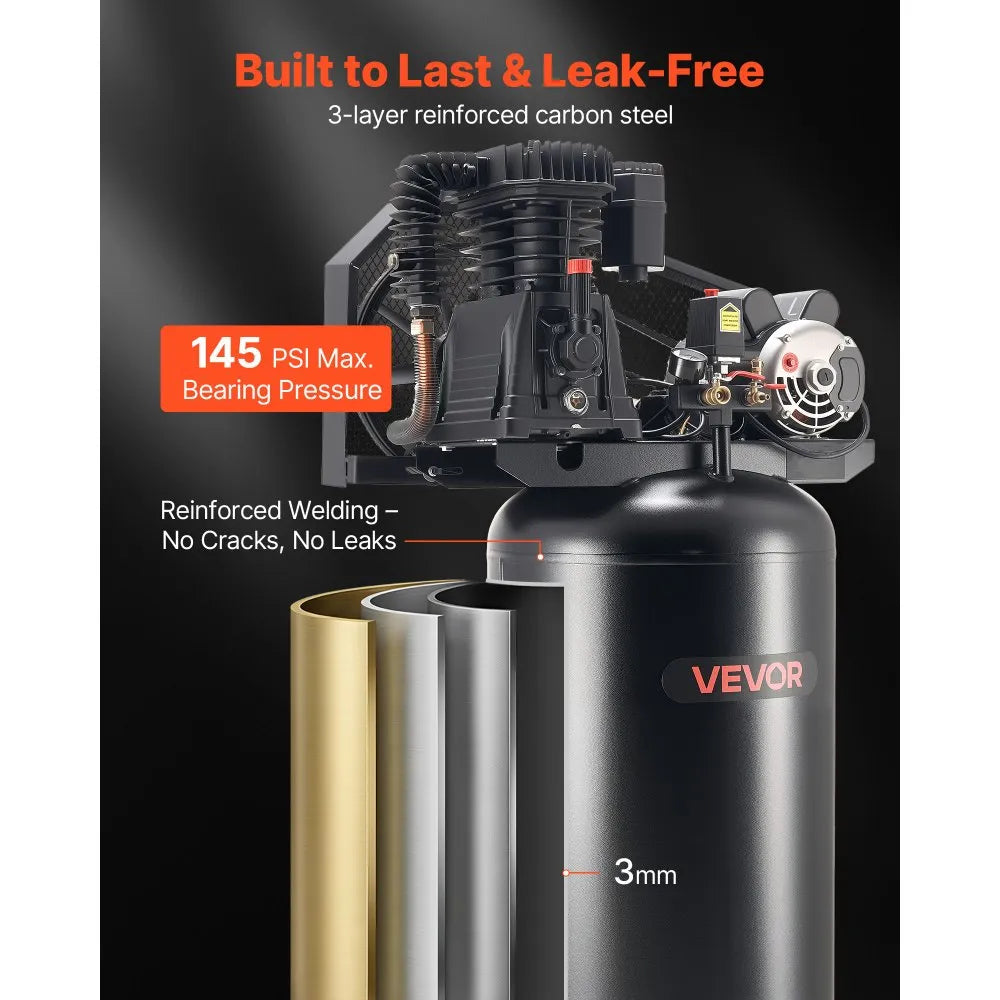 Vevor Heavy-Duty Oil-Lubricated Air Compressor 60 Gallon 5 HP 12 SCFM 145 PSI Vertical Tank New