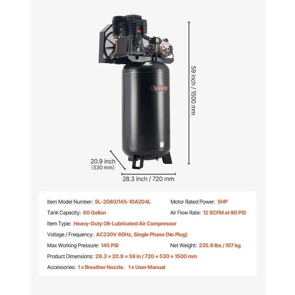 Vevor Heavy-Duty Oil-Lubricated Air Compressor 60 Gallon 5 HP 12 SCFM 145 PSI Vertical Tank New