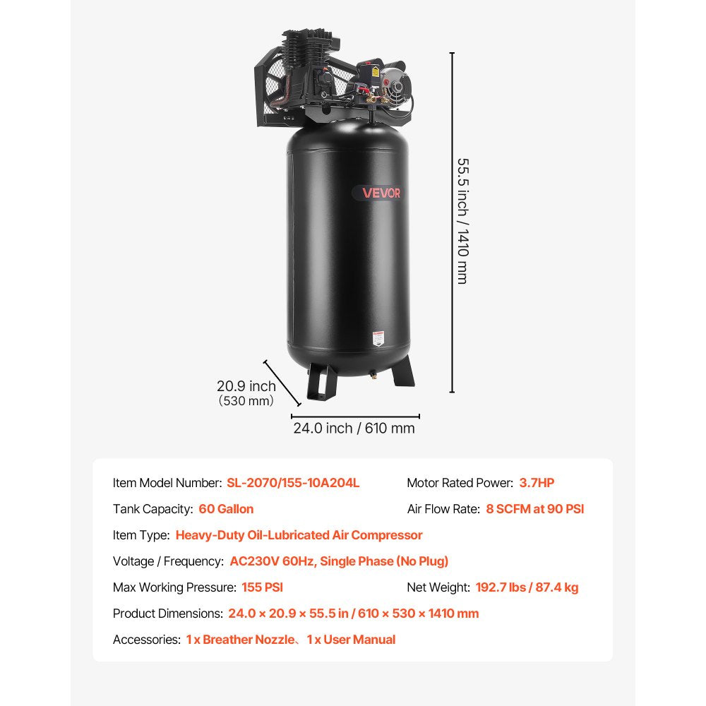 Vevor Air Compressor 60 Gallon Heavy-Duty Oil-Lubricated 3.7 HP 155 PSI New