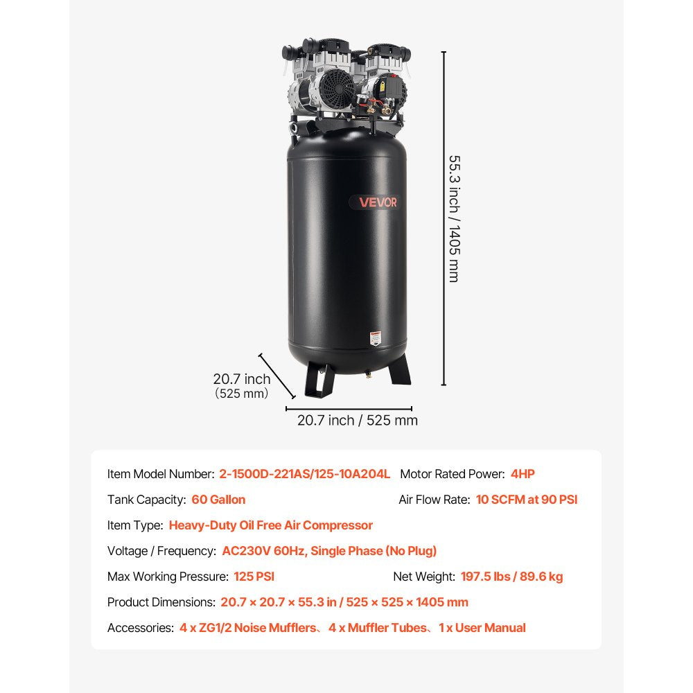 Vevor Air Compressor 60-Gallon Heavy-Duty Oil-Free 4 HP 125 PSI New