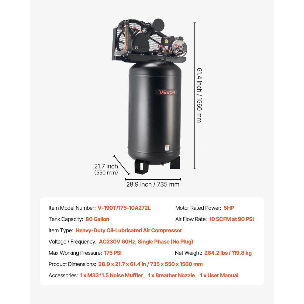 Vevor Air Compressor 80-Gallon Heavy-Duty Oil-Lubricated 5 HP 10 SCFM 175 PSI New