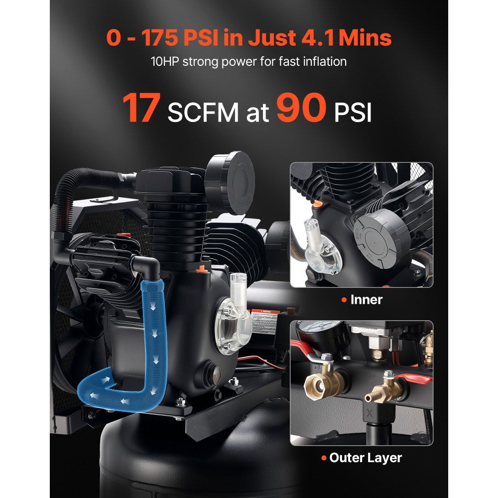 Vevor Air Compressor Oil-Lubricated 80 Gal 10 HP 17 SCFM at 90 PSI 175 PSI Max 230V 3-Phase New