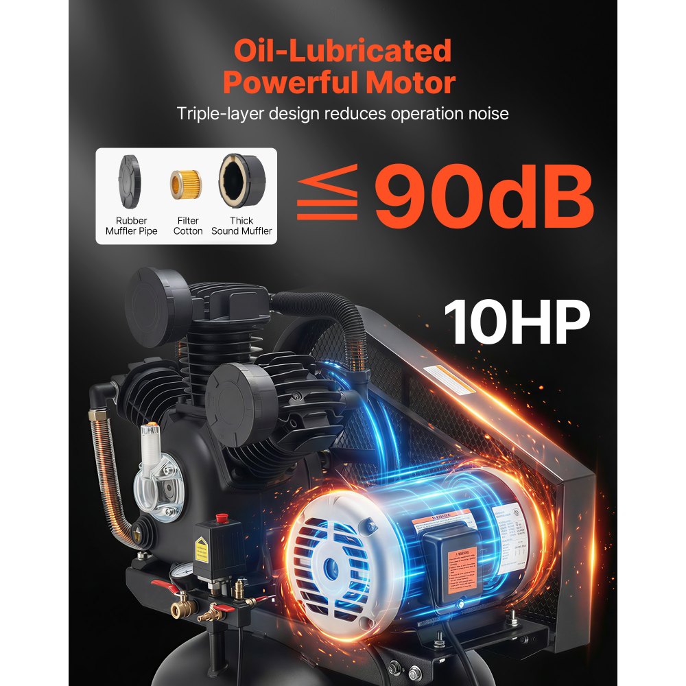 Vevor Air Compressor Oil-Lubricated 80 Gal 10 HP 17 SCFM at 90 PSI 175 PSI Max 230V 3-Phase New