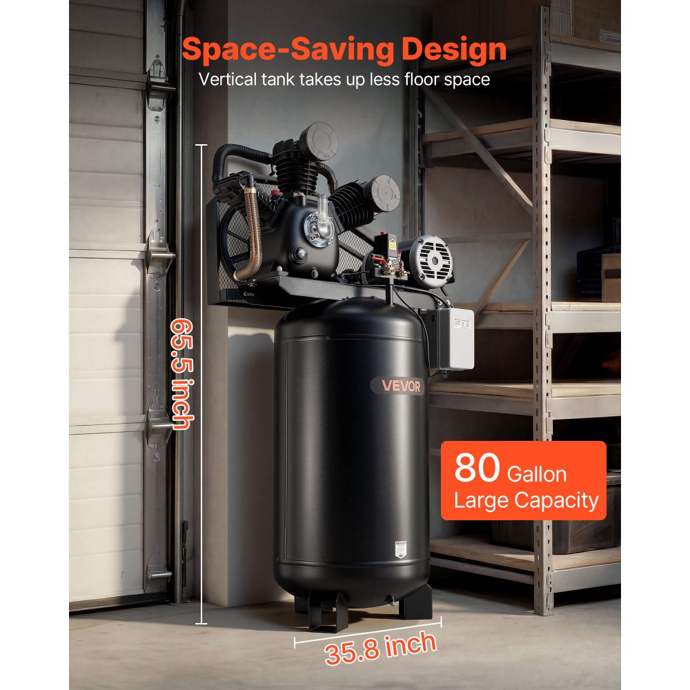 Vevor Air Compressor Oil-Lubricated 80 Gal 10 HP 17 SCFM at 90 PSI 175 PSI Max 230V 3-Phase New