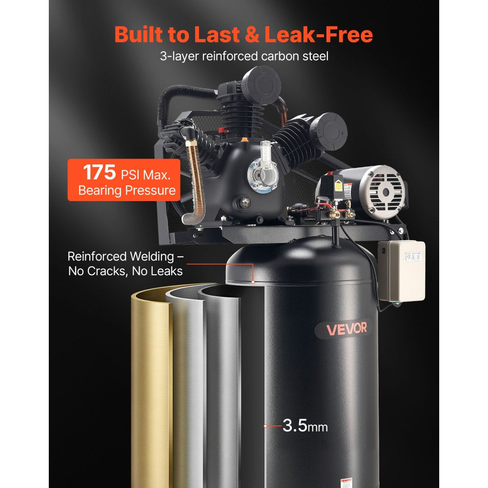 Vevor Air Compressor Oil-Lubricated 80 Gal 10 HP 17 SCFM at 90 PSI 175 PSI Max 230V 3-Phase New