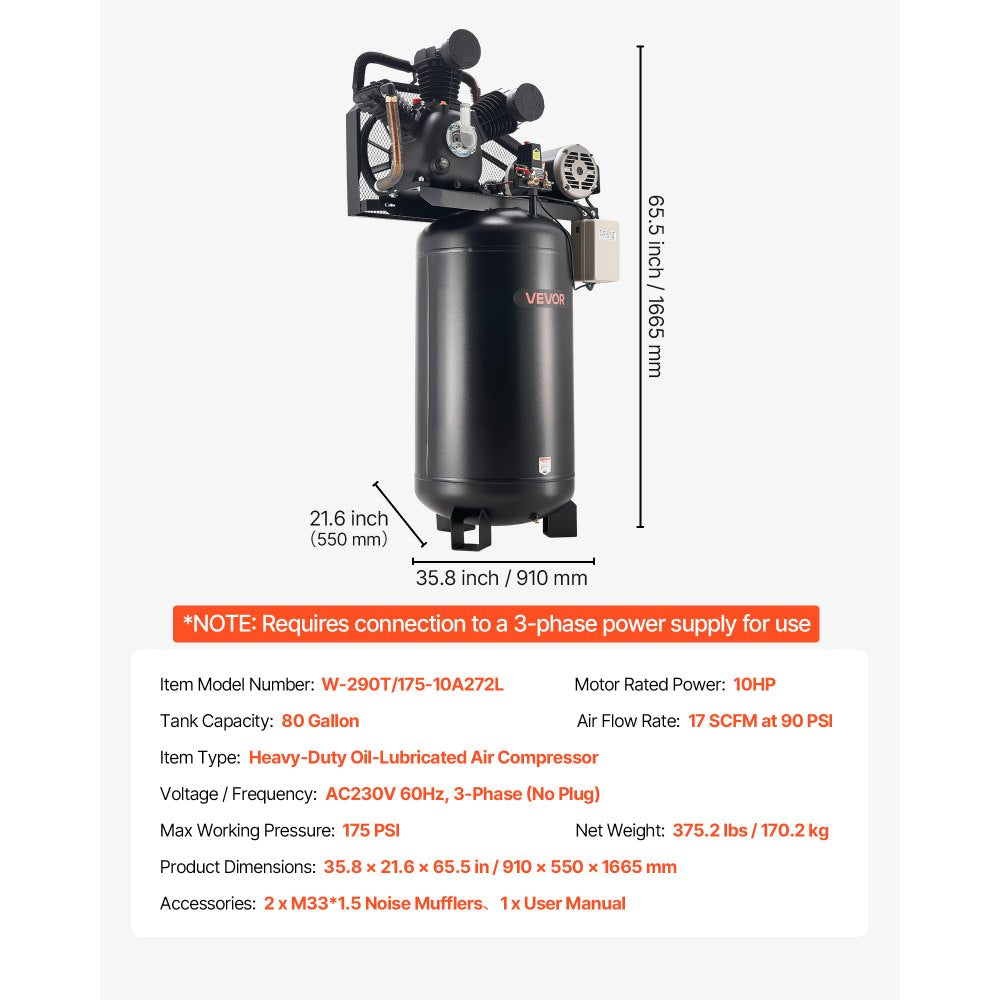 Vevor Air Compressor Oil-Lubricated 80 Gal 10 HP 17 SCFM at 90 PSI 175 PSI Max 230V 3-Phase New