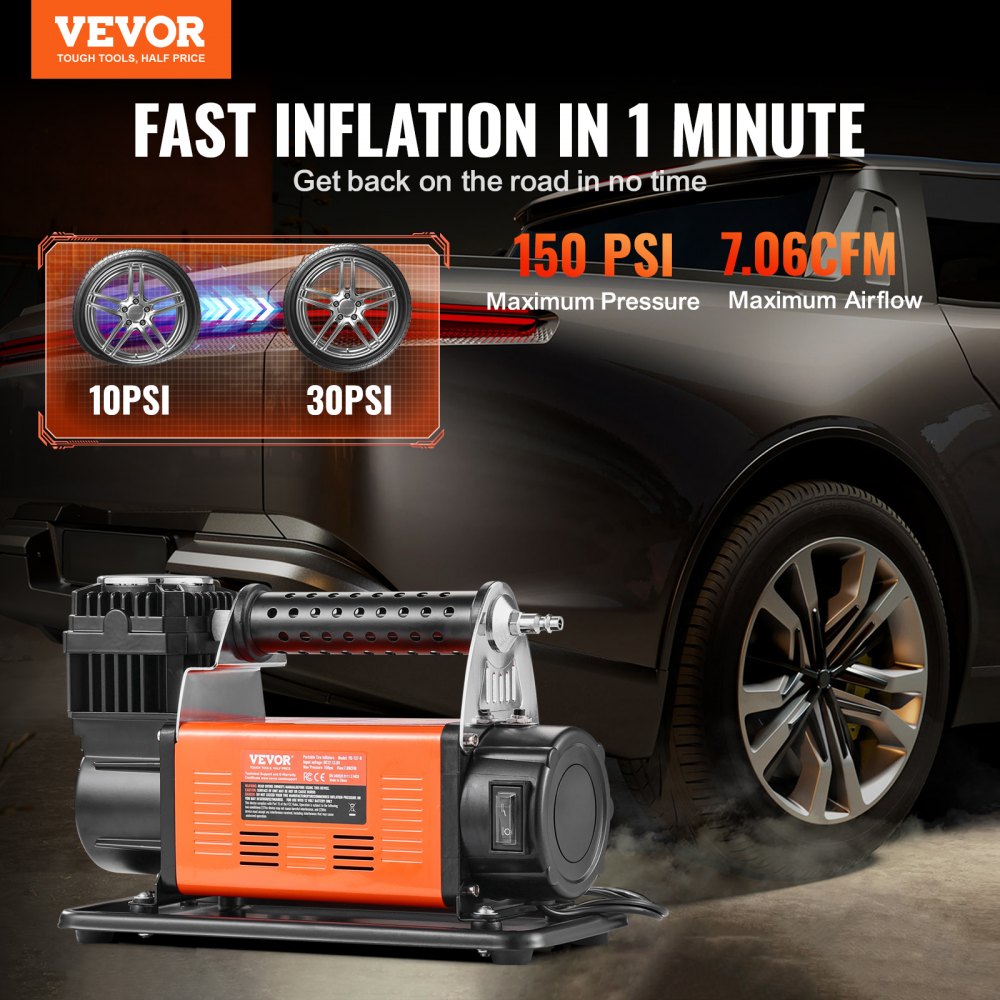 Vevor Air Compressor Heavy Duty 12V with Tire Inflator Kit 150 PSI 7.06 CFM New