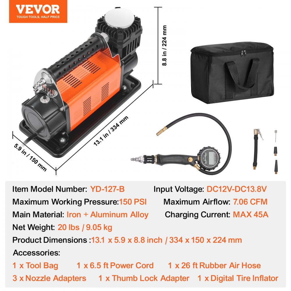 Vevor Air Compressor Heavy Duty 12V with Tire Inflator Kit 150 PSI 7.06 CFM New