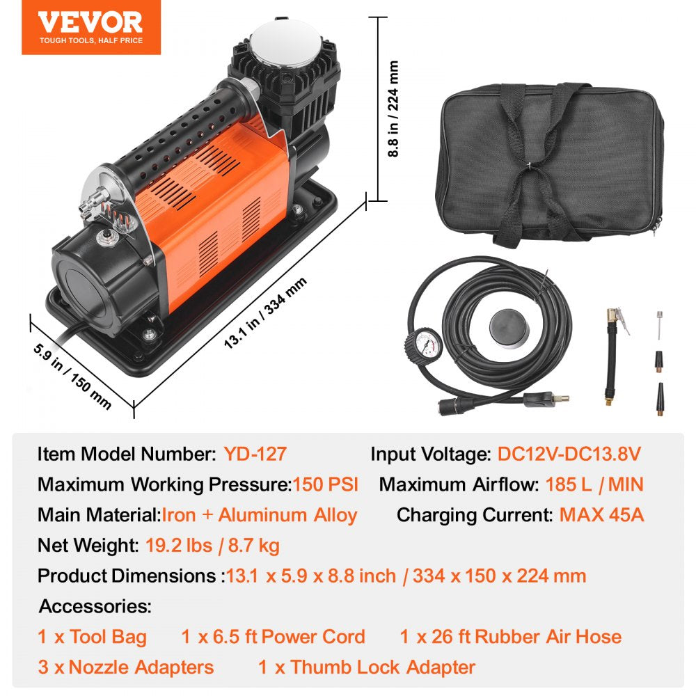 Vevor Portable Tire Inflator 12V 7.06 CFM 150 PSI Heavy Duty Air Compressor New