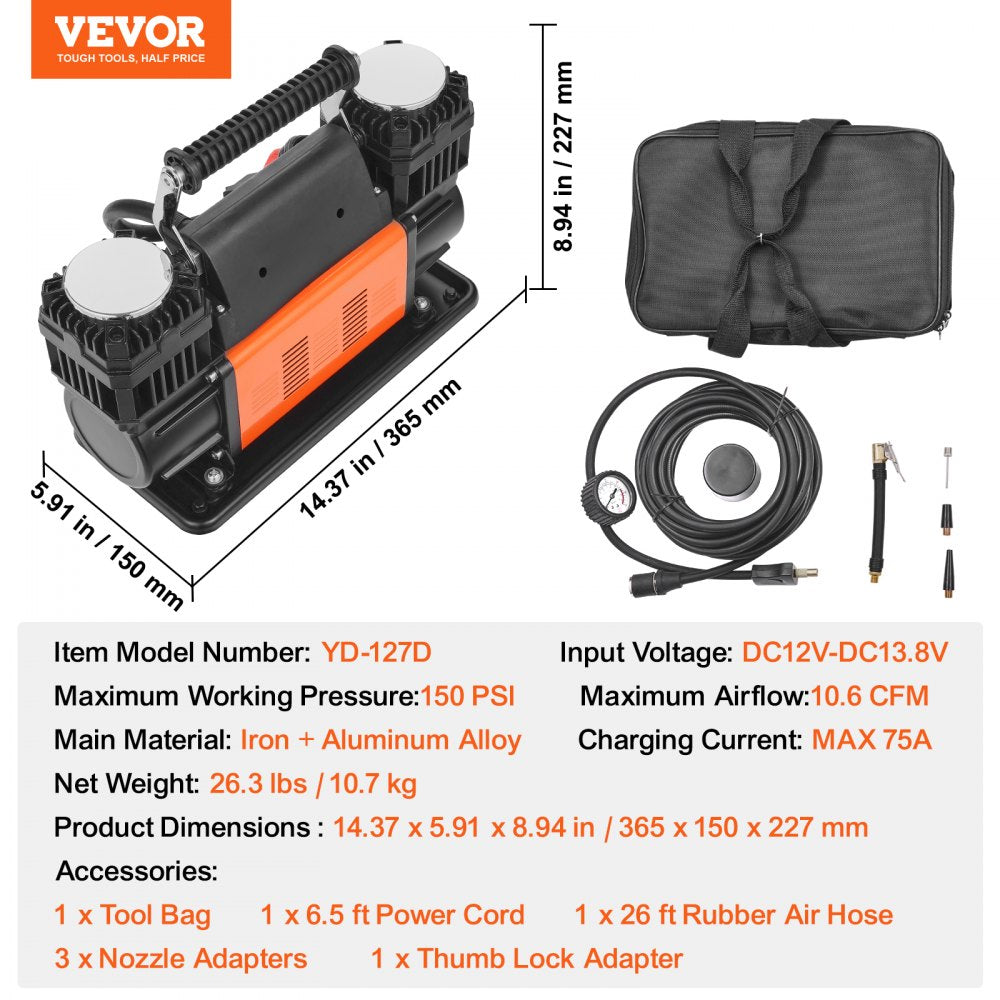Vevor Tire Inflator Portable Dual-Cylinder 12V 150 PSI Air Compressor New