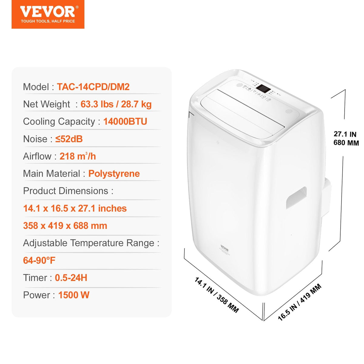 Vevor Portable Air Conditioner 14k BTU 3-in-1 Cool Dehumidifier Fan New