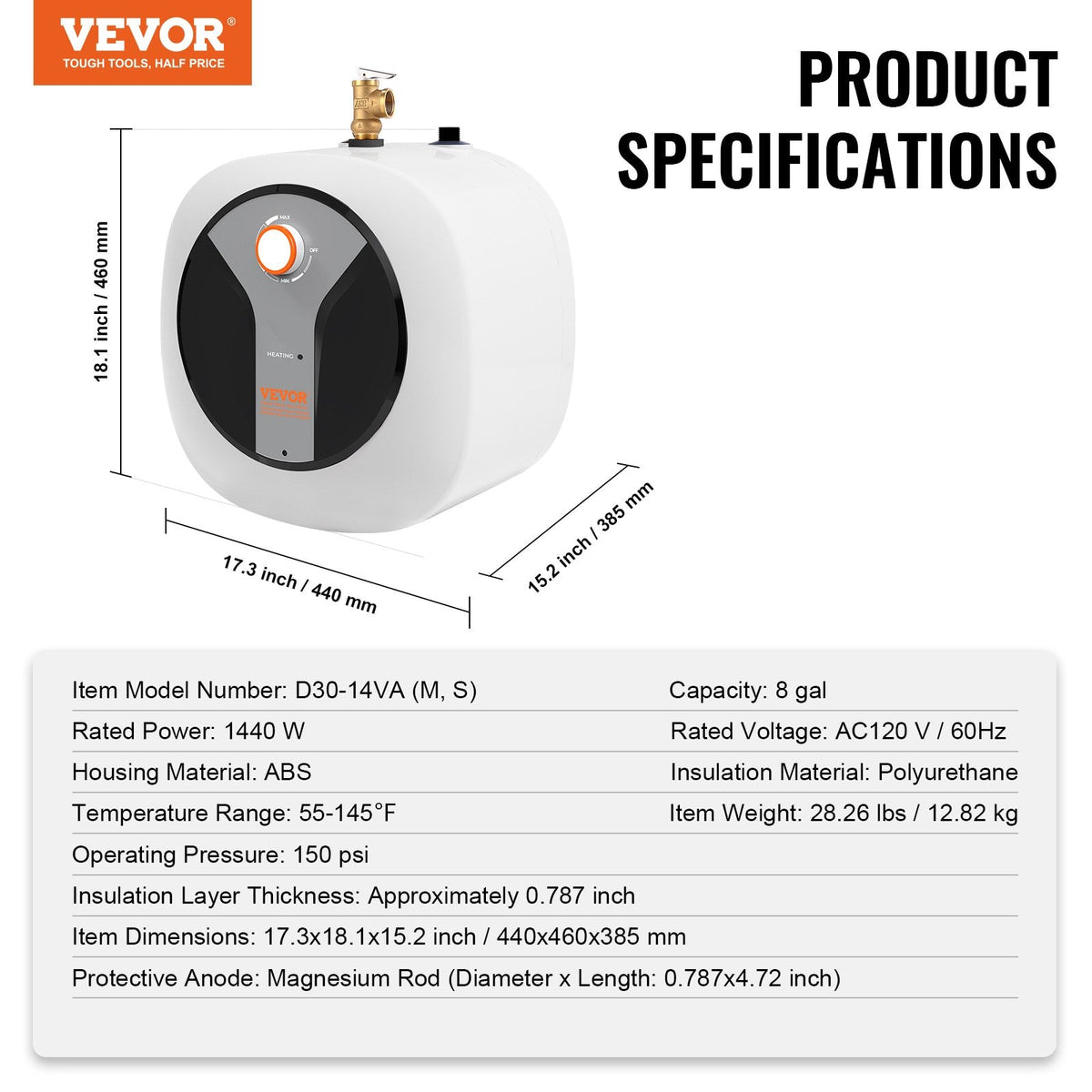 Vevor Electric Mini-Tank Water Heater 8-Gallon Tank 1440W New