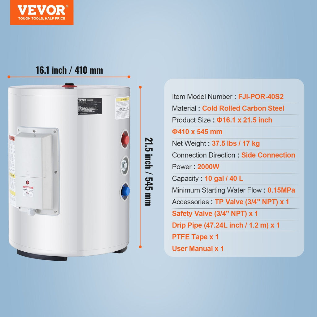 Vevor Electric Water Heater 10 Gallon Instant Hot 1600W New