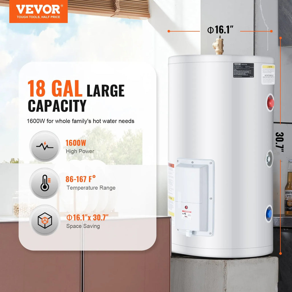 Vevor Electric Water Heater 18 Gallon Instant Hot 1.6kW LED Display New
