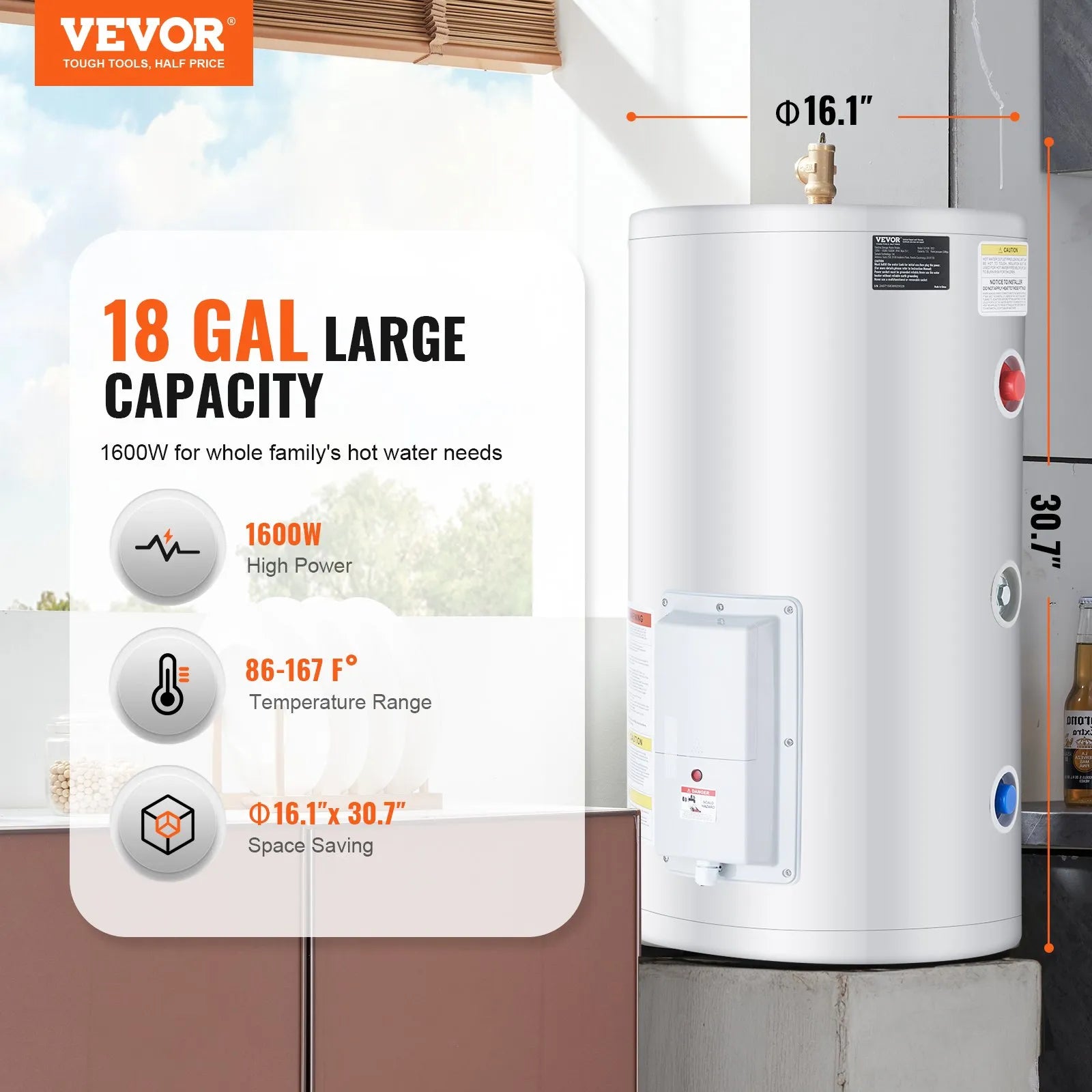 Vevor Electric Water Heater 18 Gallon Instant Hot 1.6kW LED Display New
