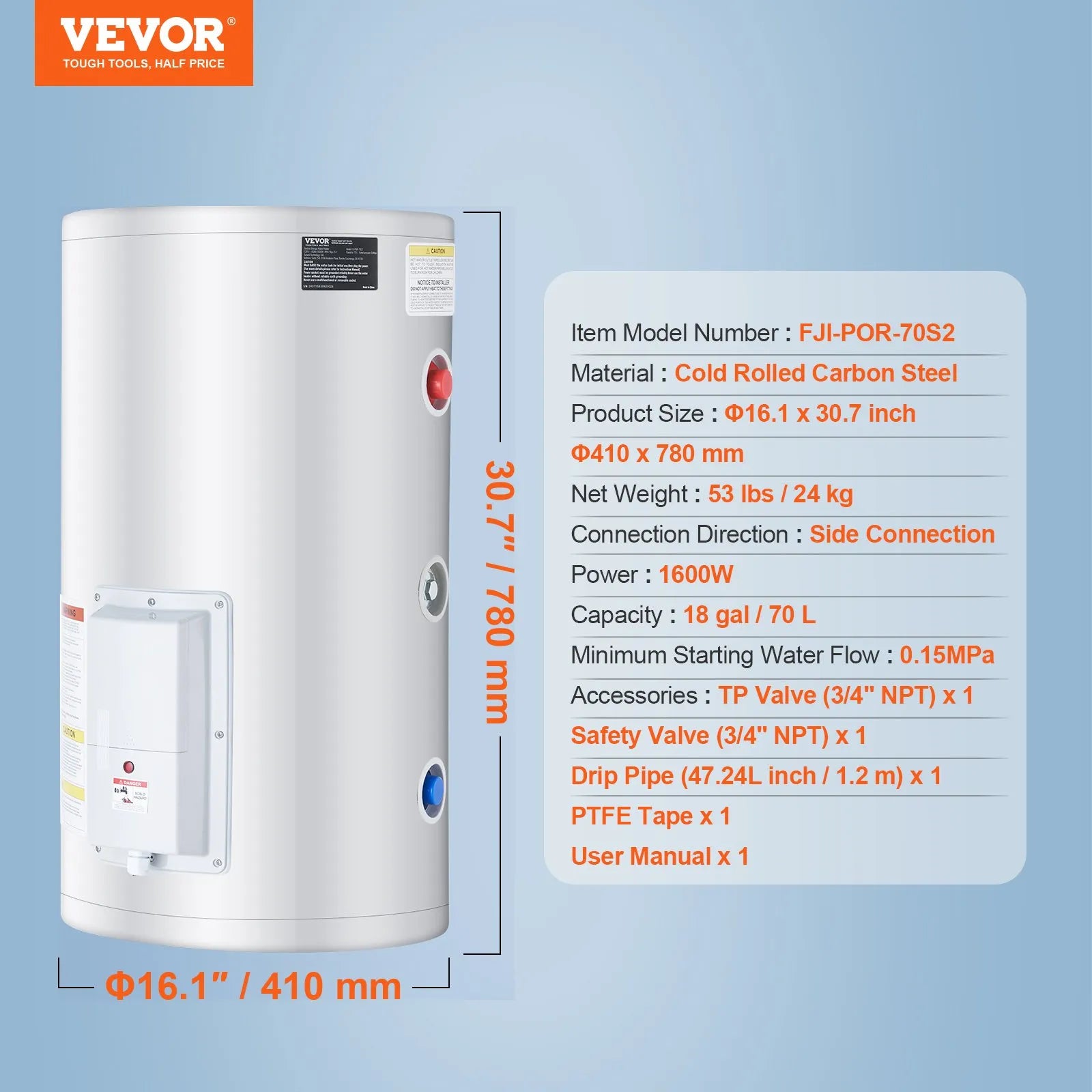 Vevor Electric Water Heater 18 Gallon Instant Hot 1.6kW LED Display New