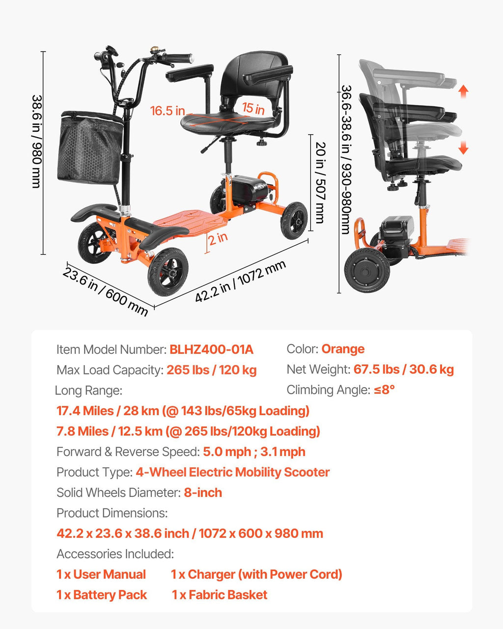Vevor Mobility Scooter 4 Wheel Foldable 265 lbs Capacity 48V 5 MPH 17.4 Mile Range New